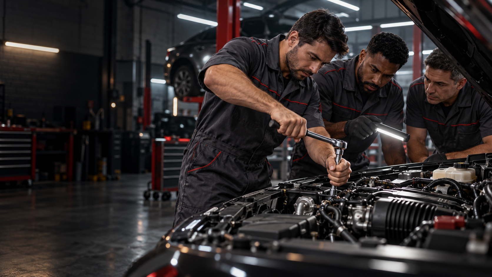 Cena ilustrativa de três mecânicos trabalhando juntos na inspeção e manutenção de um motor